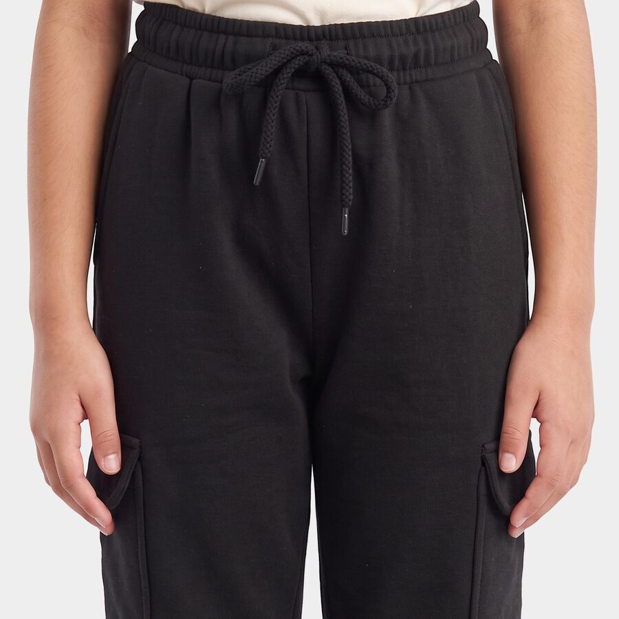 Girls Black Jogger Fit Solid Cargo Pocket Pyjama, Black, large