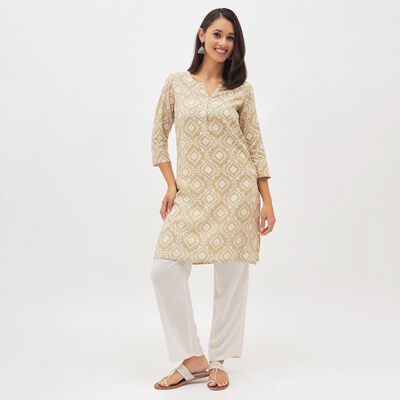 Women's Beige V-Neck Printed Kurta