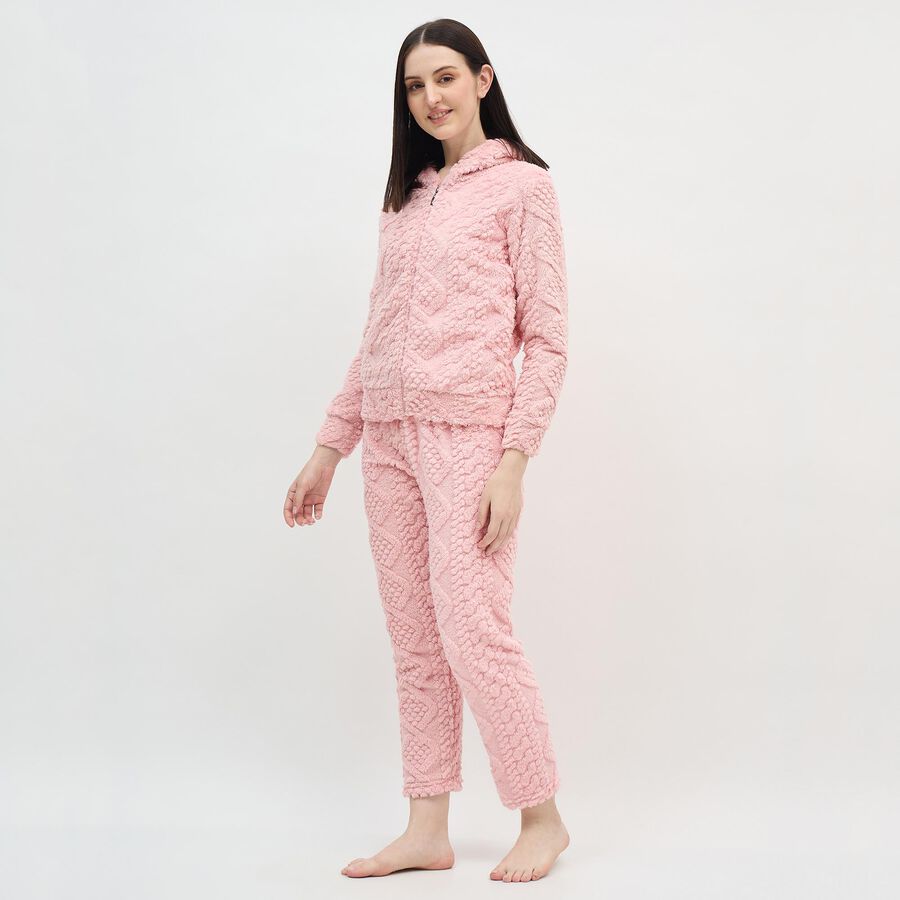 Women's Soft Pink Textured Fleece Hooded Pyjama, Light Pink, large image number null