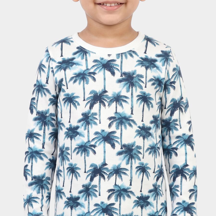 Boys White 100% Cotton Round Neck Palm Print Baba Suit, White, large