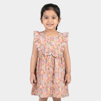 Girls' Pink Floral Printed Fit and Flare Frock