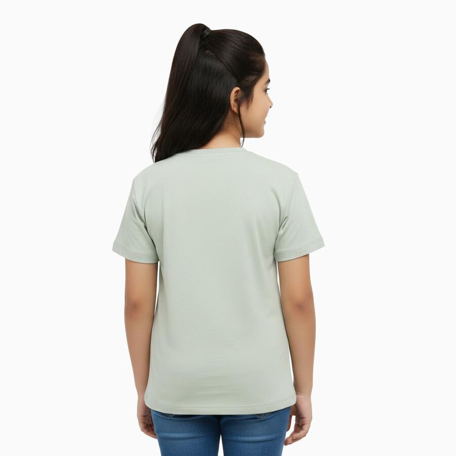 Girls Light Sage Green Cotton Round Neck Graphic T-Shirt, Light Green, large image number null
