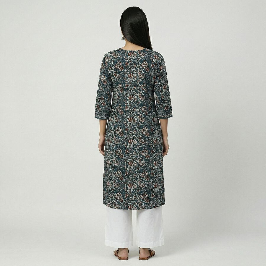 Women's Dark Green Cotton Round Neck Floral Printed Kurta, गहरा हरा, large