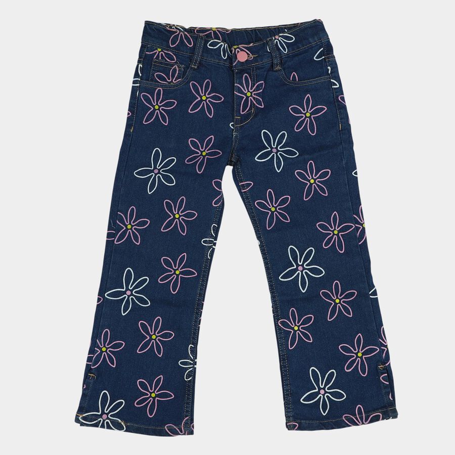 Girls' Navy Blue Straight Fit Floral Printed Jeans, मध्यम नीला, large