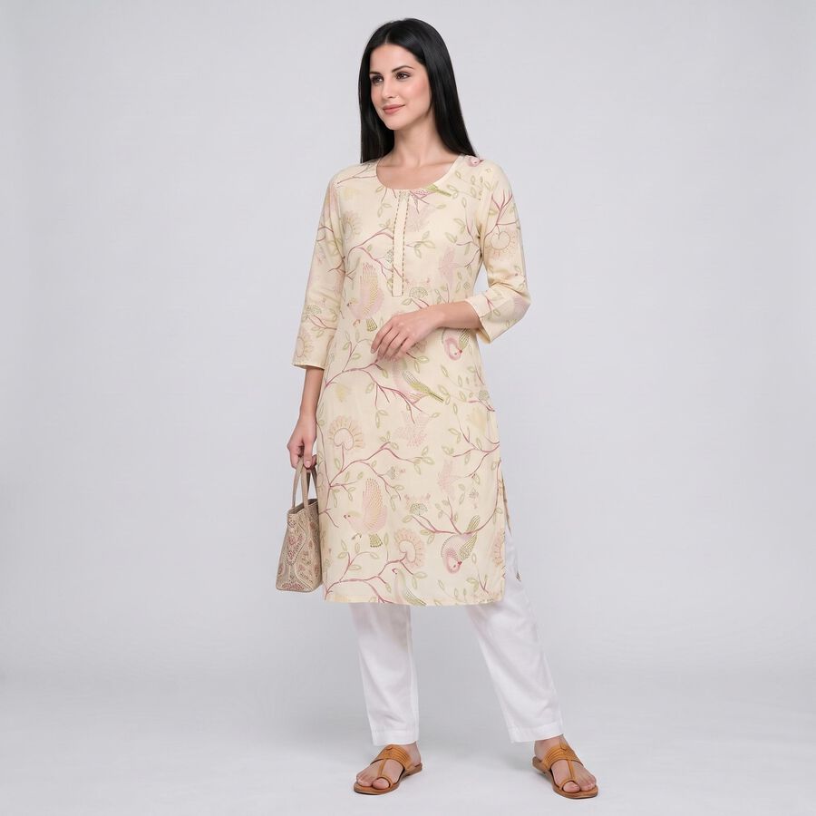 Women's Beige Round Neck Printed Kurta, Beige, large
