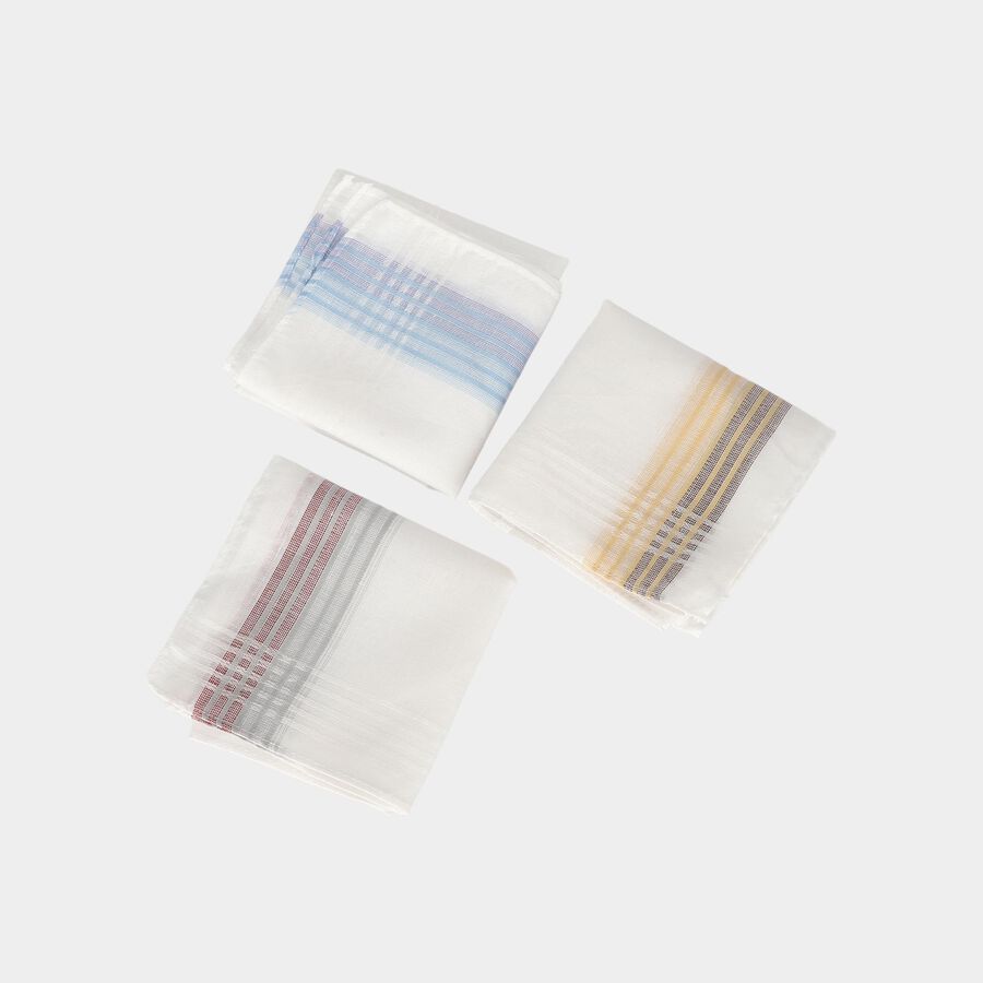 Men's White Striped Pack of 3 Handkerchief, सफ़ेद, large