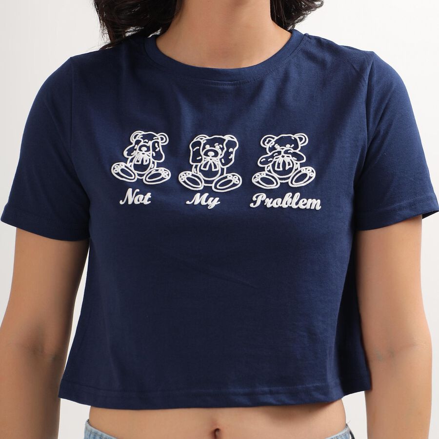 Women's Deep Midnight Navy Blue Round Neck Crop Top, Navy Blue, large image number null