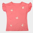 Girls Pink Cotton Round Neck Regular T-Shirt, Pink, small