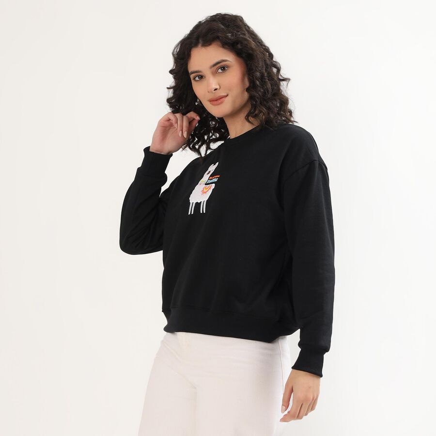 Women's Jet Black Crew Neck Casual Sweatshirt, Black, large image number null