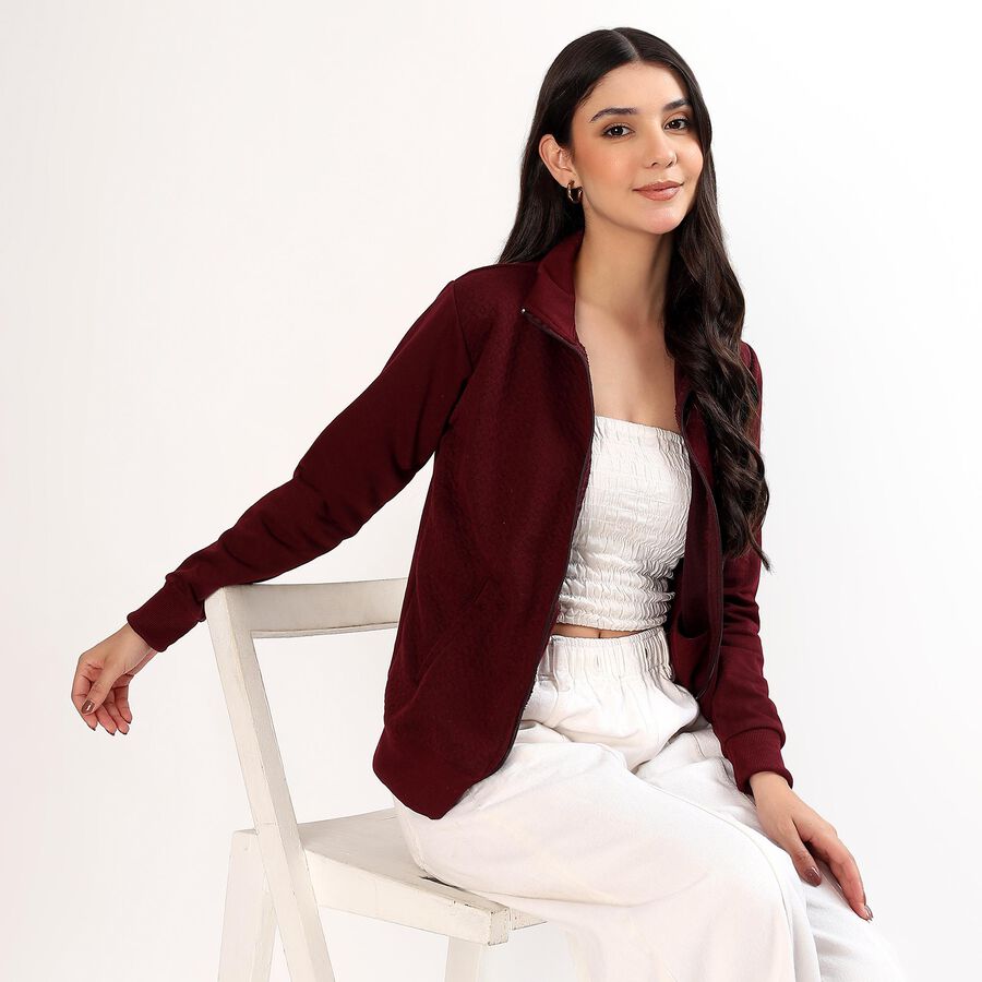 Women's Deep Burgundy High Neck Casual Sweatshirt, वाइन, large image number null