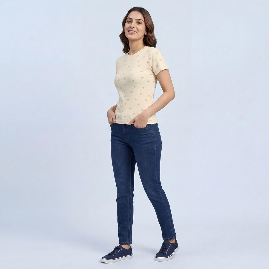 Women's White Cotton Blend Round Neck Classic T-Shirt, ऑफ व्हाइट, large