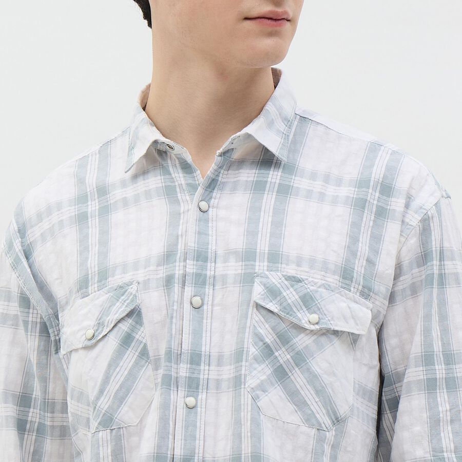 Men's Soft Eggshell White Cotton Checkered Casual Shirt, ऑफ व्हाइट, large