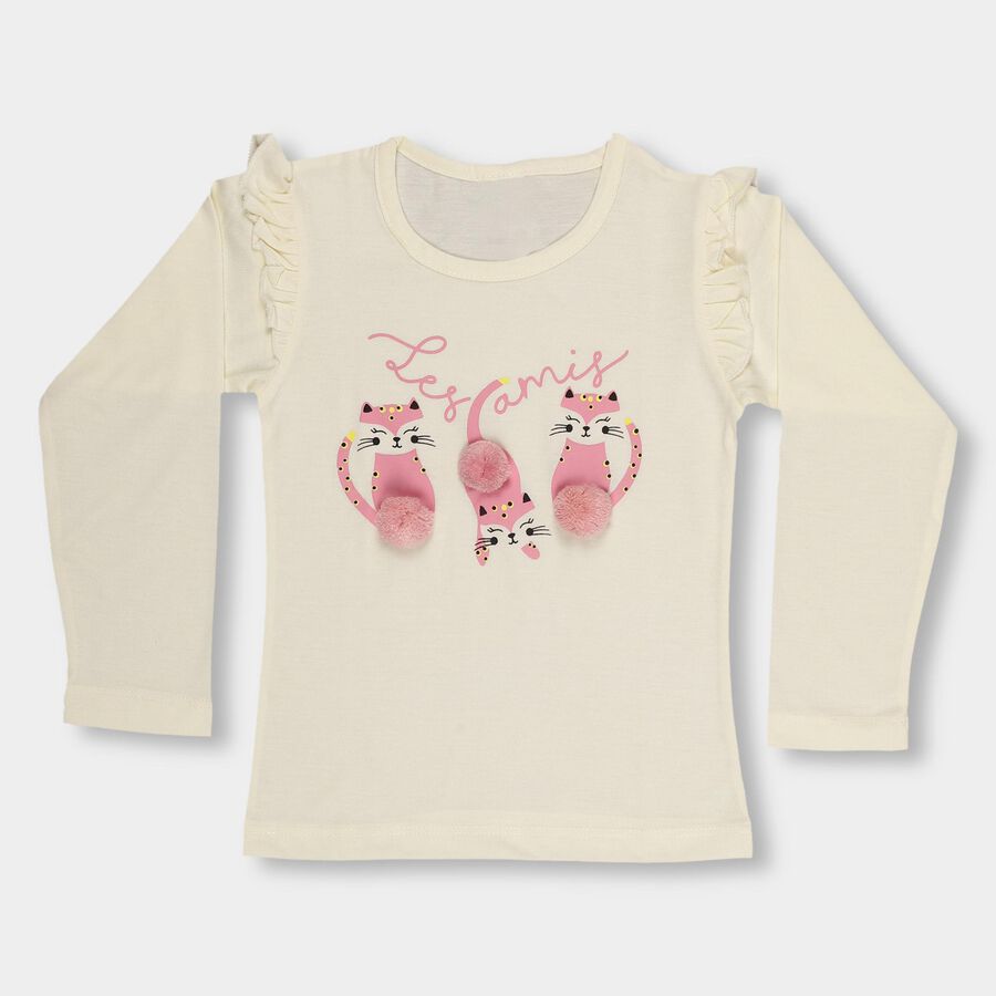 Girls Cream Cotton Round Neck Casual Top, ऑफ व्हाइट, large image number null