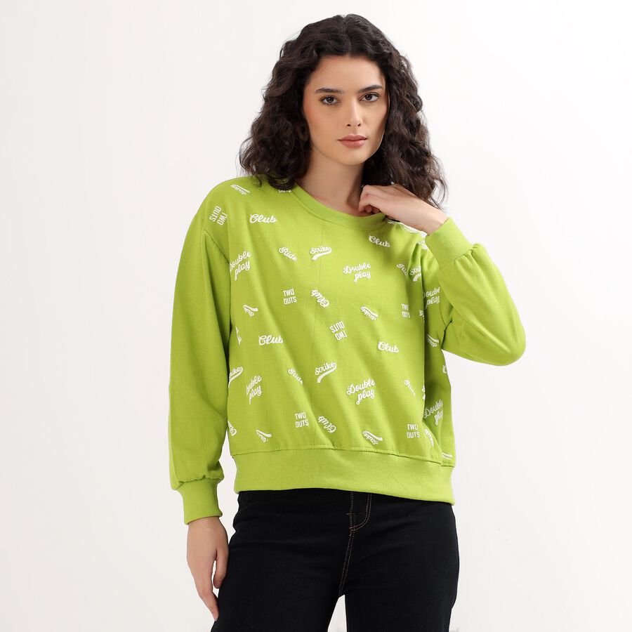 Women's Bright Lime Green Crew Neck Casual Sweatshirt, Light Green, large image number null