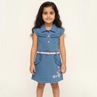 Girls' Light Denim Blue Sleeveless Ruffle Floral Embroidered Frock, Mid Blue, small image number null