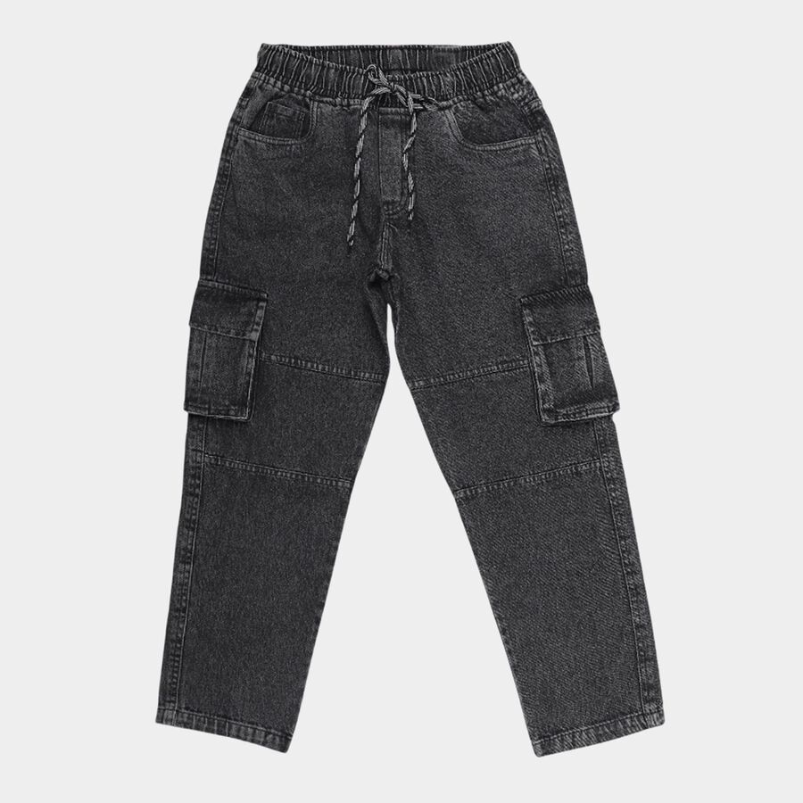 Boys' Black Regular Fit Drawstring Jeans, काला, large