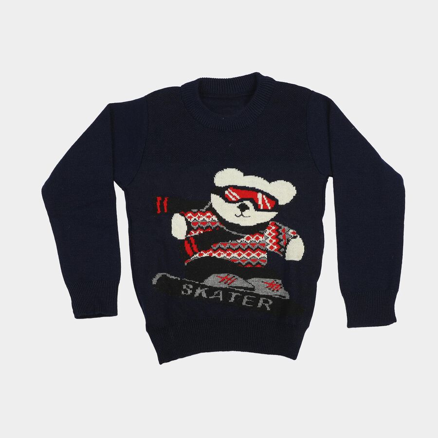 Boys' Navy Blue Crew Neck Graphic Pullover, Navy Blue, large