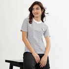 Ladies' Eggshell White Cotton Round Neck Striped T-Shirt, सफ़ेद, small image number null