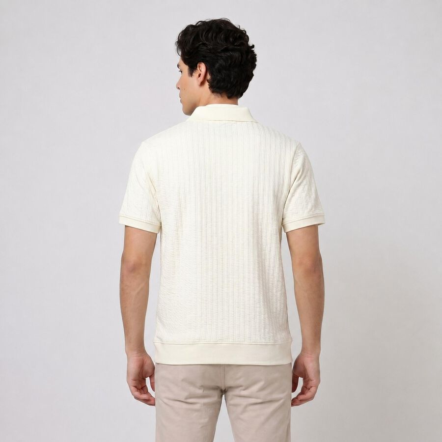 Men's Cream Polo Neck Solid Polo T-Shirt, ऑफ व्हाइट, large