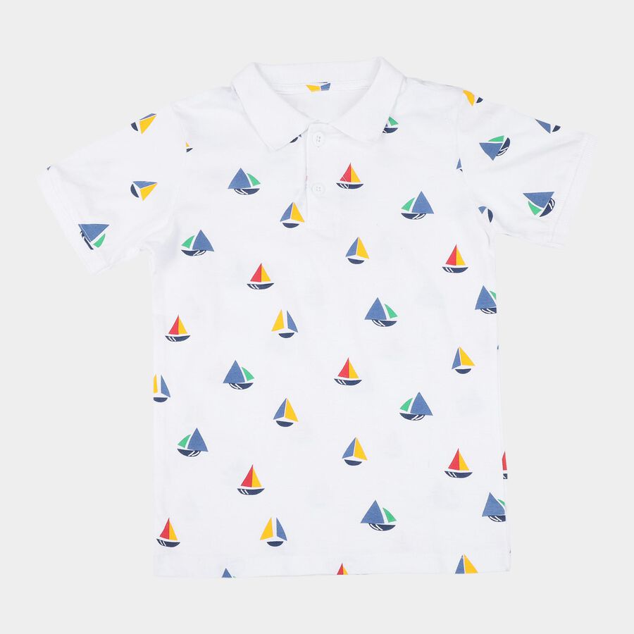 Boys White Cotton Polo Neck Casual T-Shirt, White, large