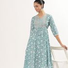 Women's Muted Blue Cotton Round Neck Embellished Kurta, Mid Blue, small image number null
