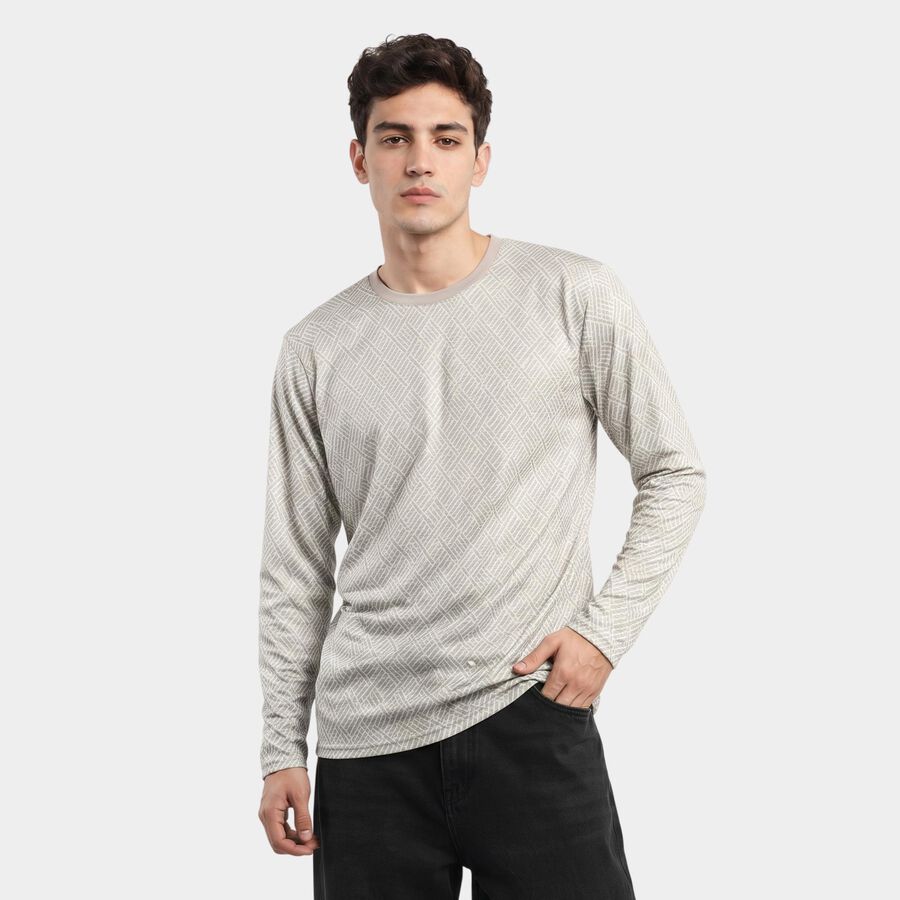 Men's Grey Crew Neck Geometric Regular T-Shirt, हल्का ग्रे, large