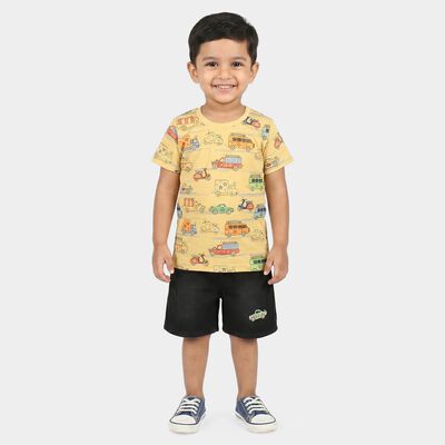 Boys Beige 100% Cotton Round Neck Graphic Print Baba Suit
