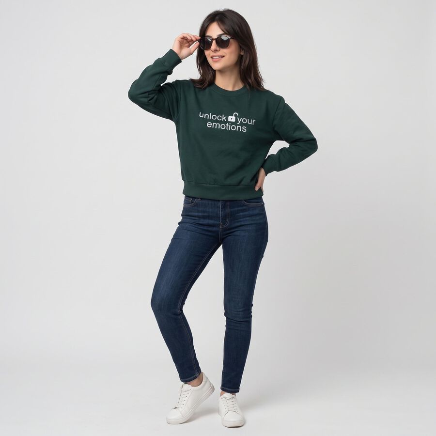 Women&rsquo;s Green Crew Neck Graphic Print Sweatshirt, गहरा हरा, large