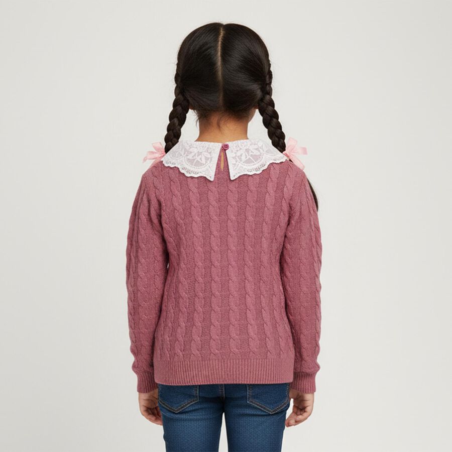 Girls Dusty Rose Lace Collar Cable Knit Pullover, Lilac, large image number null