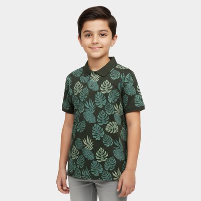 Boys' Olive Cotton Round Neck Graphic Printed Half Sleeve T-Shirt