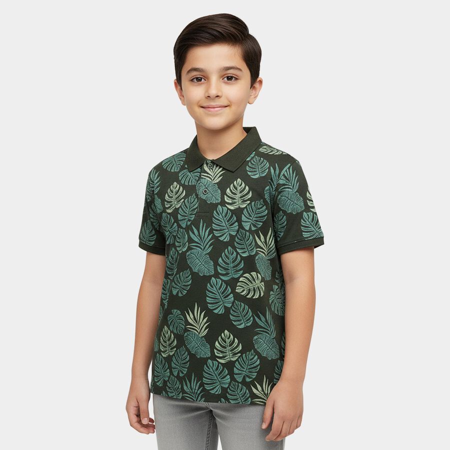 Boys' Olive Cotton Round Neck Graphic Printed Half Sleeve T-Shirt, Olive, large
