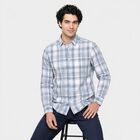 Men's Blue Cotton Long Sleeve Checked Regular Fit Shirt, मध्यम नीला, small