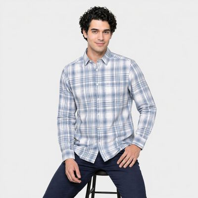 Men's Blue Cotton Long Sleeve Checked Regular Fit Shirt