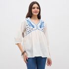 Women's White Cotton V-Neck Embroidered Kurti, White, small image number null