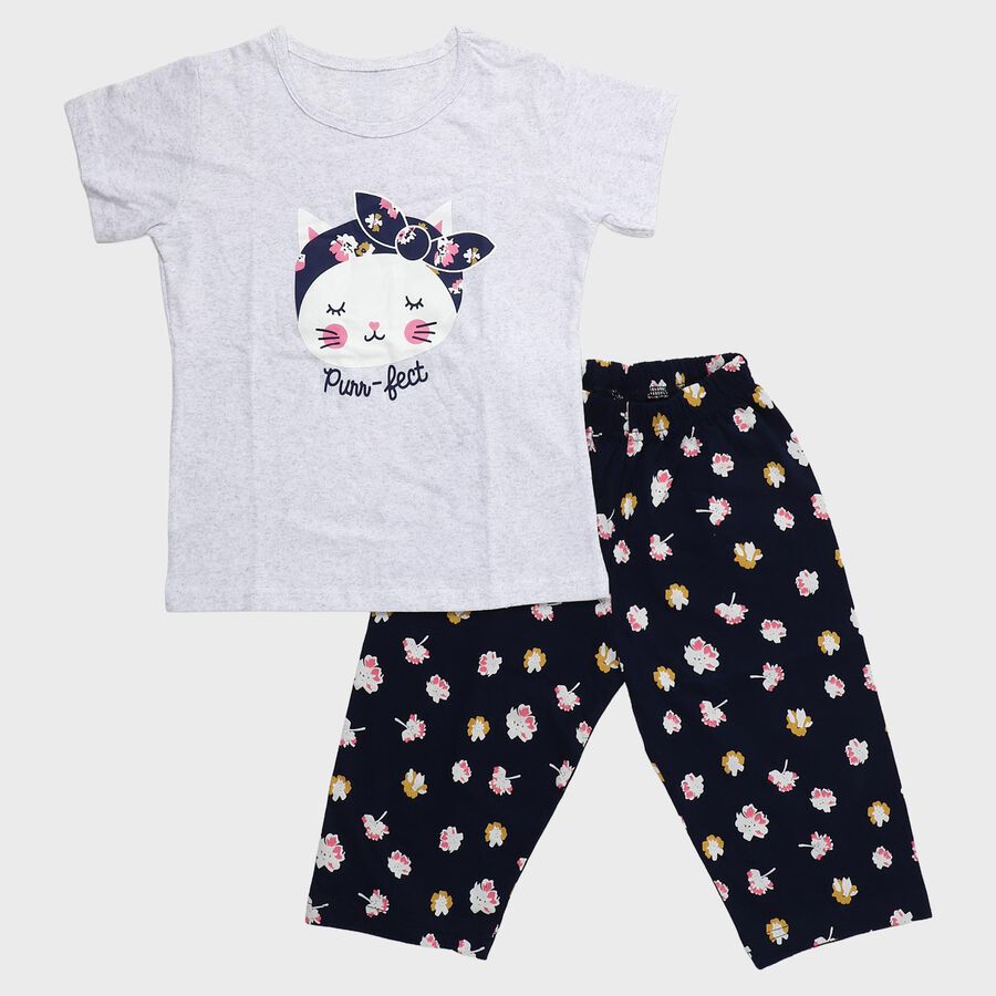 Girls Grey Cotton Casual Top and Capri Set, मिश्रित मध्यम ग्रे, large