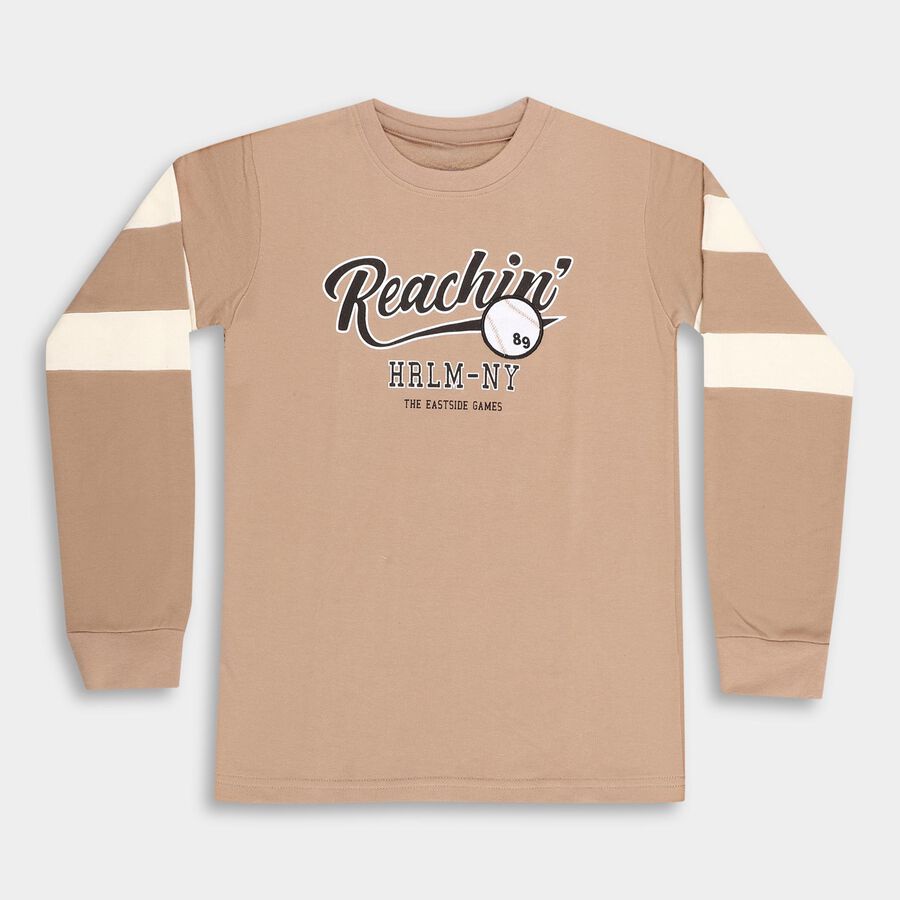 Boys' Muted Beige Crew Neck Casual Graphic T-Shirt, Brown, large image number null