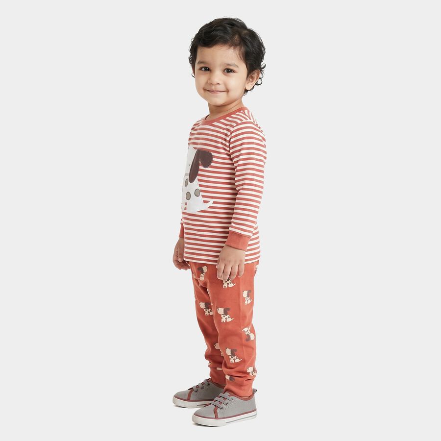 Infants' Coral 100% Cotton Round Neck Striped Baba Suit, Coral, large