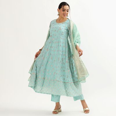 Women's Light Aqua Blue Round Neck Embroidered Kurta