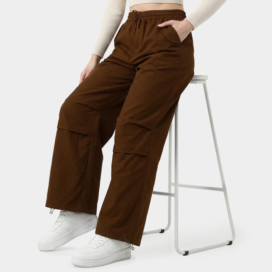 Women's Brown Wide Leg Drawstring Waist Jeans, भूरा, large