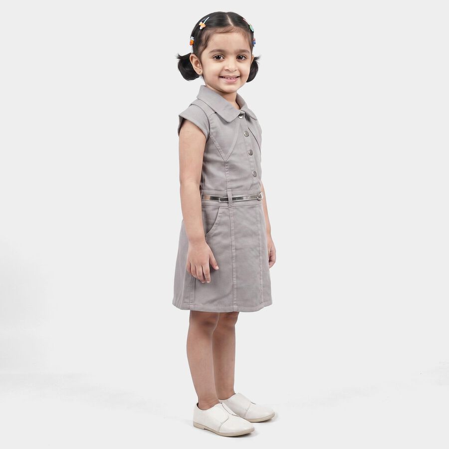 Girls' Grey Shirt Style Belted Frock, हल्का ग्रे, large