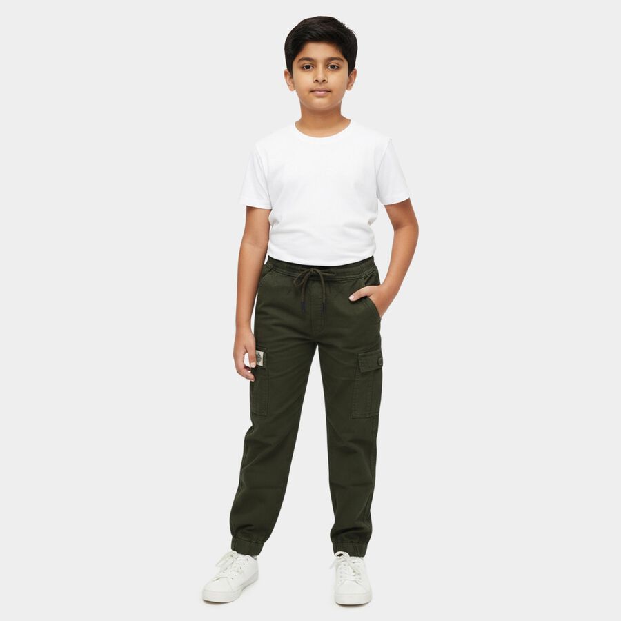 Boys' Olive Regular Fit Elastic Waist Jogger Trousers, Olive, large