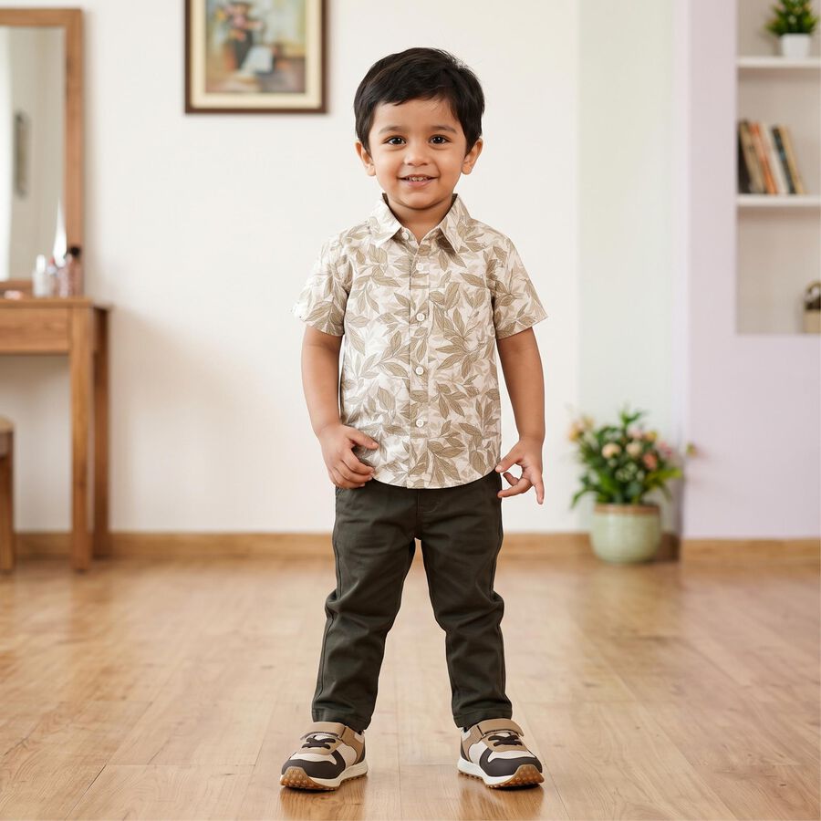 Boys' Beige Cotton Spread Collar Shirt, गहरा पीला, large