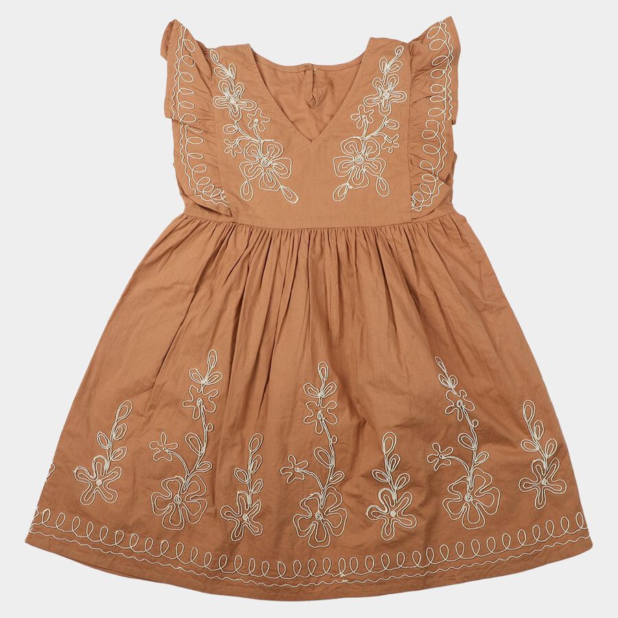 Girls' Brown Cotton V-Neck A-Line Dress, Brown, large