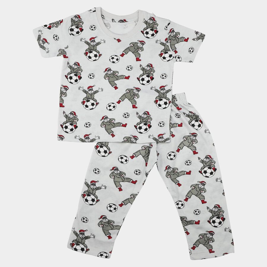 Boys Grey Cotton Round Neck Graphic Printed Night Suit, हल्का ग्रे, large