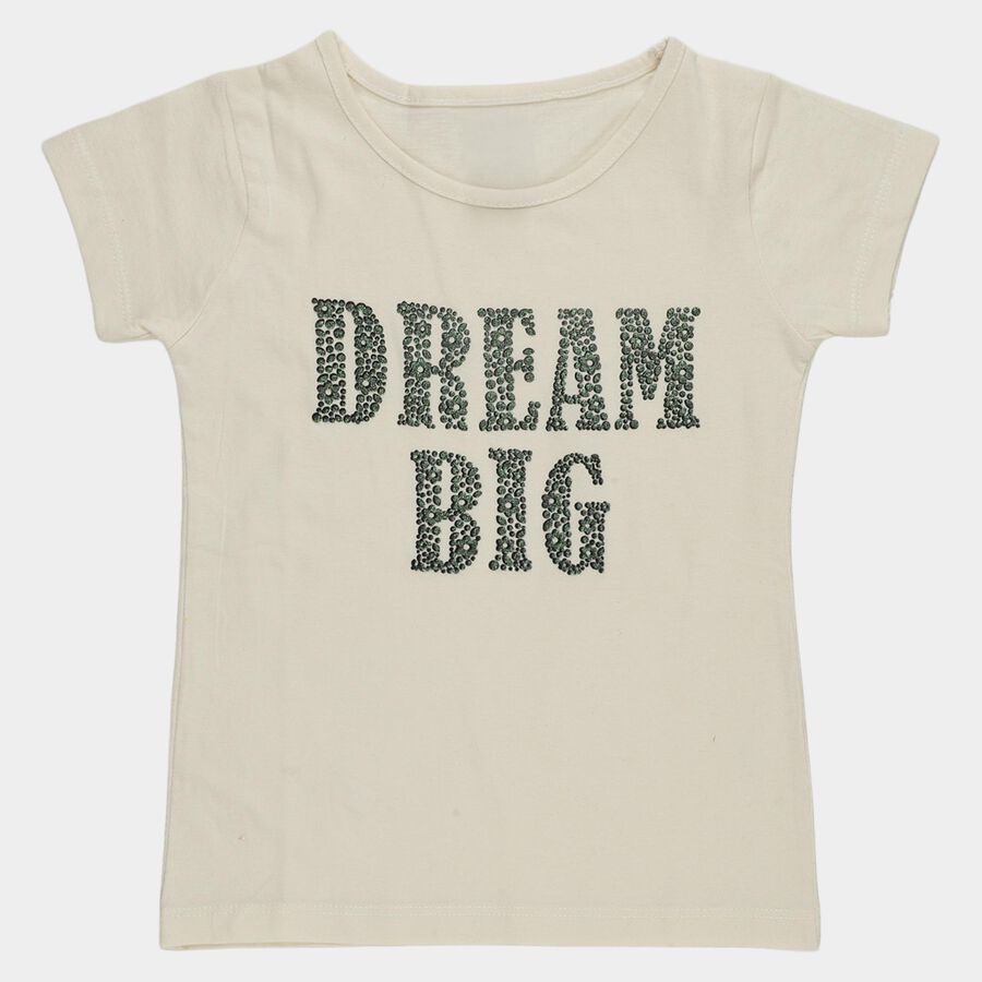 Girls' White Cotton Round Neck Slogan Printed T-Shirt, Off White, large