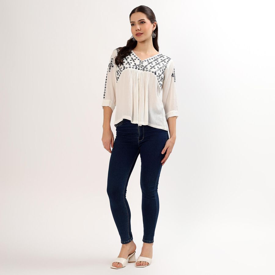 Women's White V-Neck Embroidered Kurti, White, large image number null