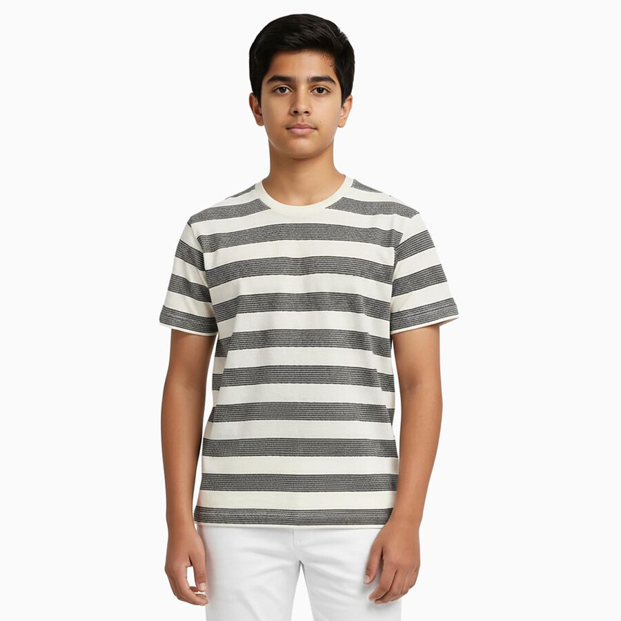 Boys Black and White Crew Neck Casual Half Sleeve T-Shirt, Black, large