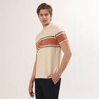 Men's Beige and Orange Polo Neck Striped T-Shirt, Off White, small