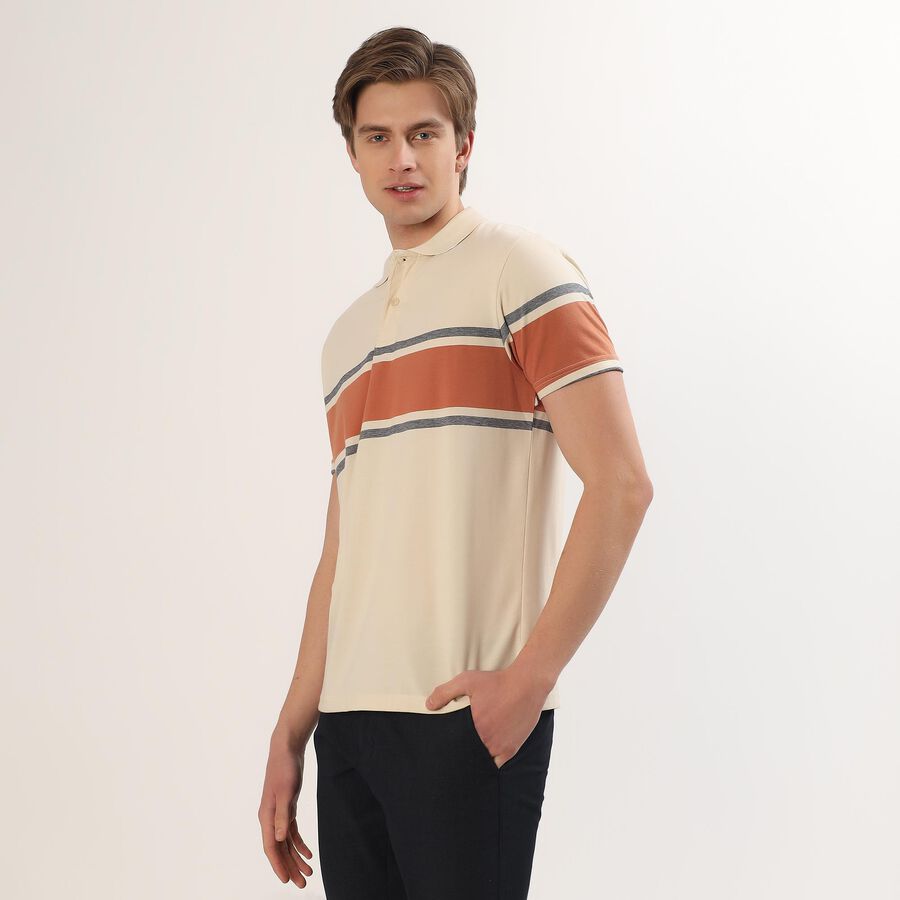 Men's Beige and Orange Polo Neck Striped T-Shirt, Off White, large