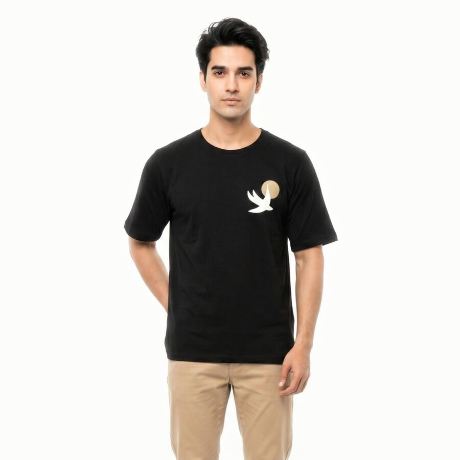 Men's Black Cotton Round Neck Regular T-Shirt, Black, large